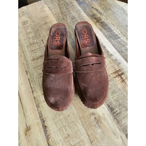 MICHAEL KORS Suede Leather Clogs Slip-On Wooden Studded Made In Italy 8B - Picture 1 of 9